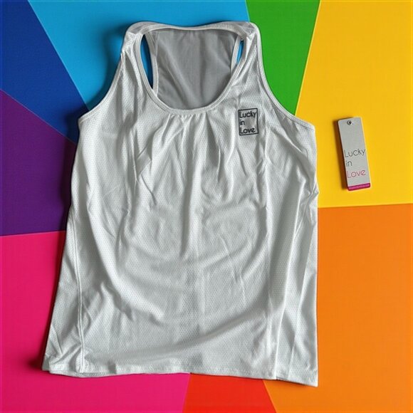 LUCKY IN LOVE White Racerback Logo Tank Top Size Medium NEW New with tags - Picture 1 of 5